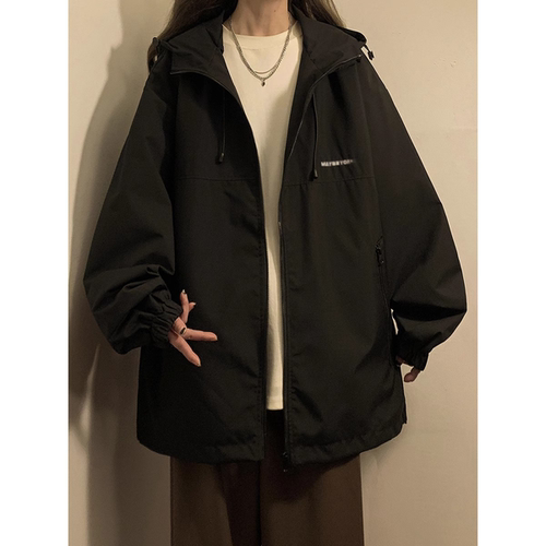 黑色连帽冲锋衣外套女春秋款