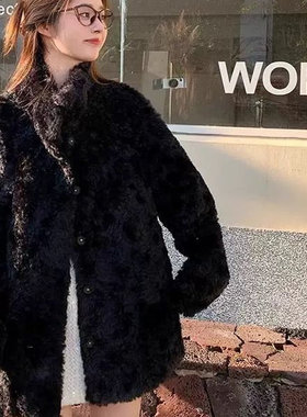 通勤风黑色羊羔毛仿皮草毛毛大衣女冬季新款宽松立领加厚保暖外套