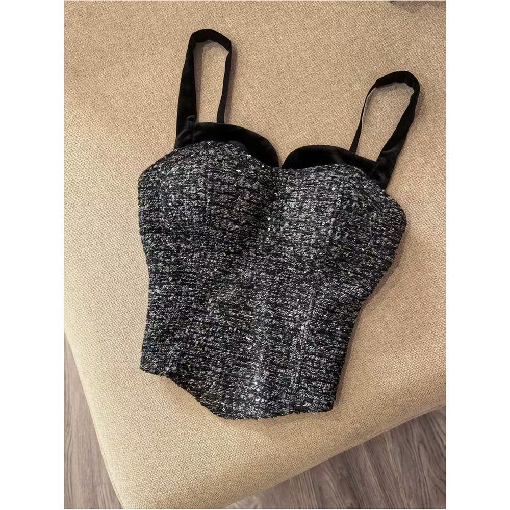 法式小众小香风高级感丝绒抹胸背心女黑色吊带性感气质束腰上衣