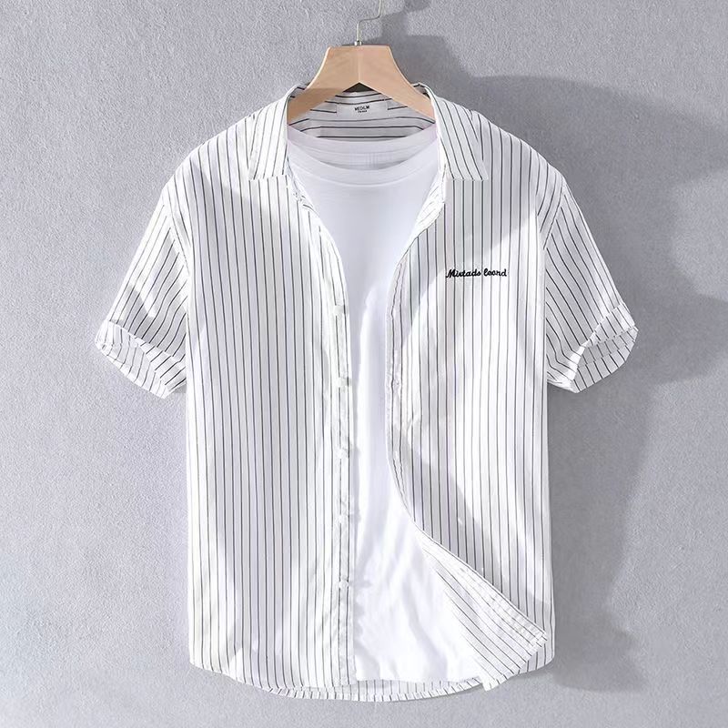 条纹短袖衣服翻领衬衣