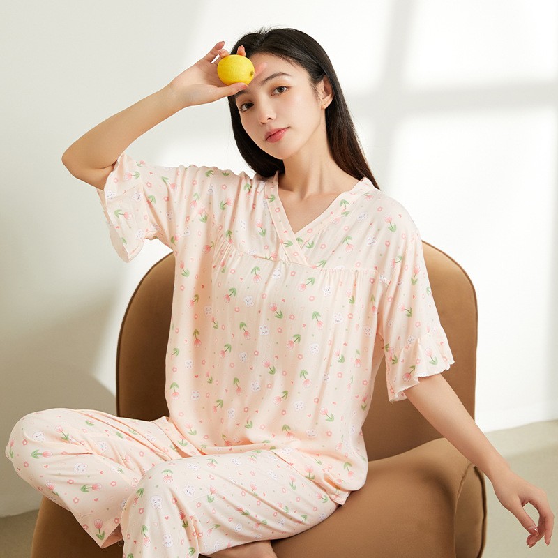 女士夏季棉绸睡衣短袖九分裤两件套装轻薄款空调服人造绵绸家居服