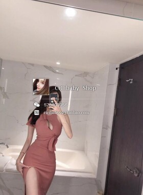 lovingu韩国江南美人性感圆领无袖胸前镂空系蝴蝶结侧开叉连衣裙