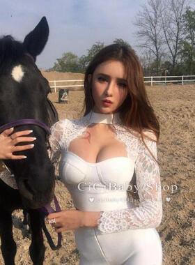 气质嫩模性感挖空显胸大蕾丝衫春秋打底长袖上衣修身高腰百搭T恤