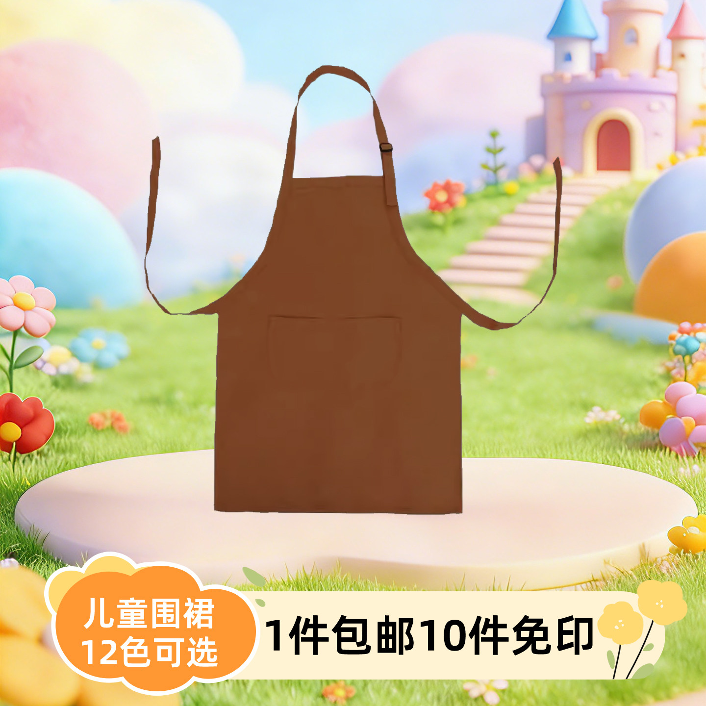 咖色儿童围裙定做小孩厨师服绘画罩衣幼儿园美术广告定制印字logo
