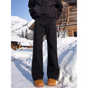 美式高街黑色微喇牛仔裤男秋冬加绒不贴腿cleanfit潮牌直筒弯刀裤