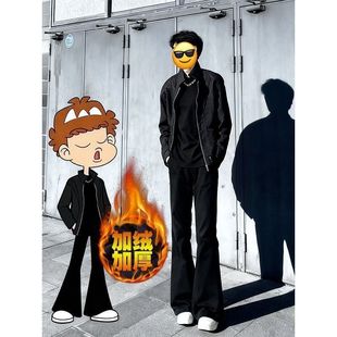 怪兽工作室裤子cleanfit男款加绒高街黑色弯刀微喇牛仔裤修身直筒