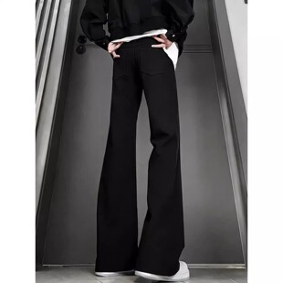 美式高街复古黑色牛仔裤男秋冬加绒cleanfit潮牌修身弯刀微喇长裤