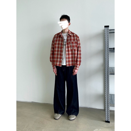 EMP Studio 美式复古宽松格子长袖衬衫男vibe风短款休闲叠穿衬衣