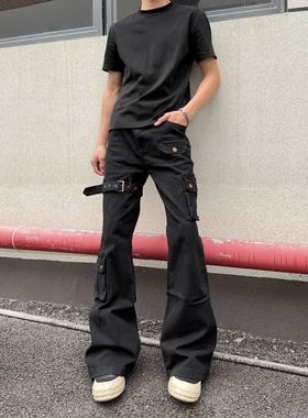 美式绑带机能vujade工装裤男修身弯刀微喇裤子高街显瘦vibe牛仔裤