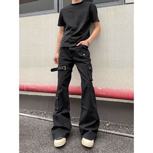 美式绑带机能vujade工装裤男修身弯刀微喇裤子高街显瘦vibe牛仔裤