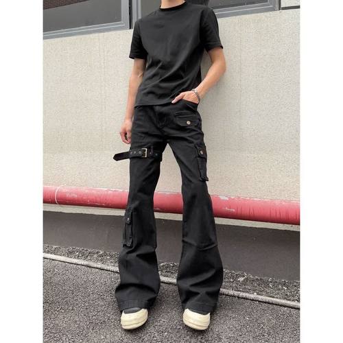 美式绑带机能vujade工装裤男修身弯刀微喇裤子高街显瘦vibe牛仔裤