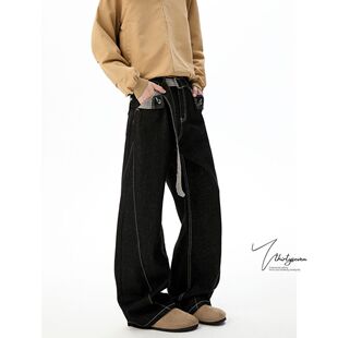 V37美式复古潮牌高街小众黑色牛仔裤男秋季情侣宽松休闲直筒长裤