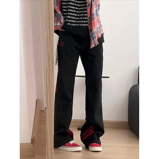 韩版大码胖子斜杠条纹红黑撞色拼接直筒裤小众设计帅气黑色牛仔裤