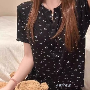 日系新款 睡衣女款 夏季 简约甜美带胸垫短袖 韩版 碎花学生家居服套装