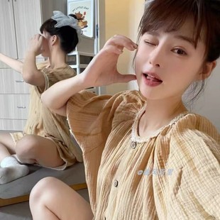 学生蕾丝宽松家居服套装 夏季 睡衣女韩版 新款 日系甜美条纹花边短袖