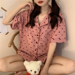 秋 春夏季 ins睡衣女短袖 开衫 日系甜美简约网红宽松学生家居服套装