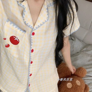学生可爱家居服套装 夏季 格子睡衣女韩版 新款 日系ins甜美卡通短袖