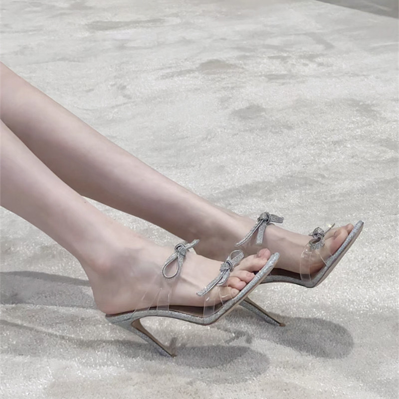 网红晓雪同款蝴蝶结水钻仙女风高跟鞋细跟透明凉鞋女夏露趾凉拖鞋,女鞋,一字带凉鞋,淘宝优惠券,粉丝福利购,淘宝优惠卷