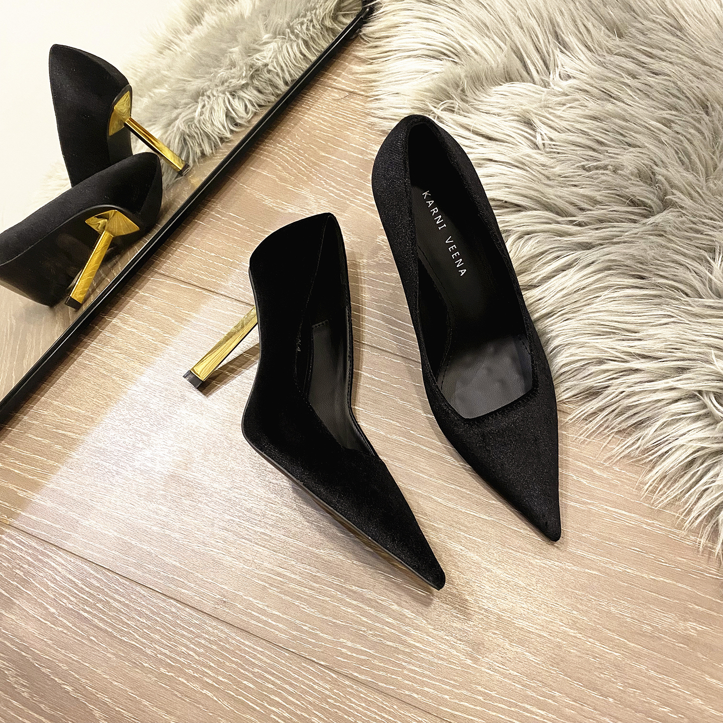 小金条丝绒高跟鞋细跟尖头单鞋