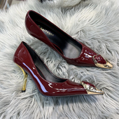 高级感单鞋 朴彩英同款 杨树林宝石水钻金属铁头细金跟酒红色高跟鞋