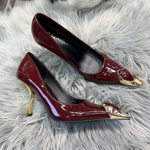 高级感单鞋 朴彩英同款 杨树林宝石水钻金属铁头细金跟酒红色高跟鞋