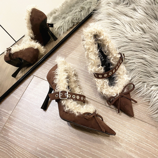 新款设计感秋冬毛毛高跟鞋女细跟尖头蝴蝶结铆钉性感御姐宴会单鞋