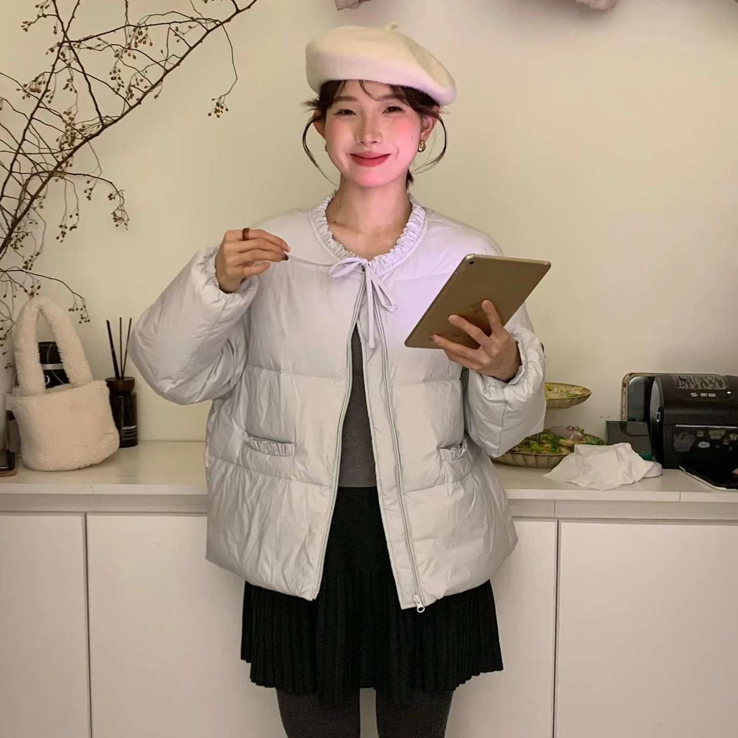 韩版小个子圆领蝴蝶结绑带羽绒服