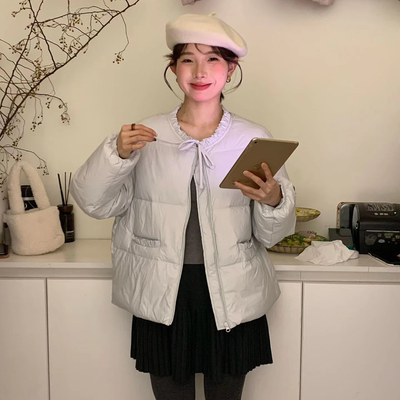 韩版小个子圆领蝴蝶结绑带羽绒服