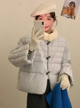 毛茸茸立领排骨羽绒服女2025冬季复古牛角扣韩版白鸭绒减龄短外套