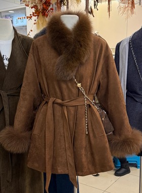 高端狐狸大毛领麂皮绒中长款收腰气质大衣女内胆90白鸭绒保暖外套