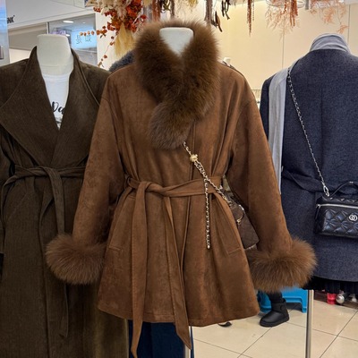 狐狸大毛领麂皮绒中长款收腰大衣