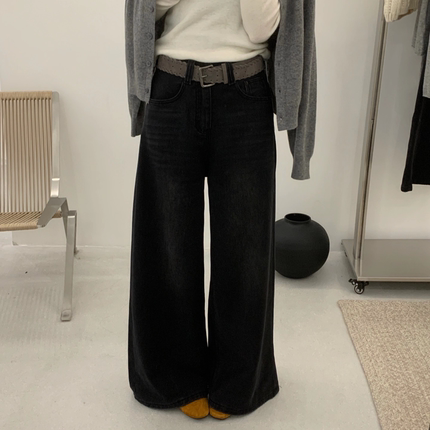 DA JIN.ROOM韩版复古高腰直筒阔腿牛仔裤女冬季复合绒拖地裤68389