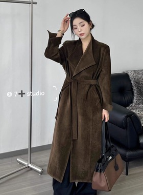 高级感复古翻领雪尼尔长款过膝大衣女2025秋冬季收腰气质夹棉外套