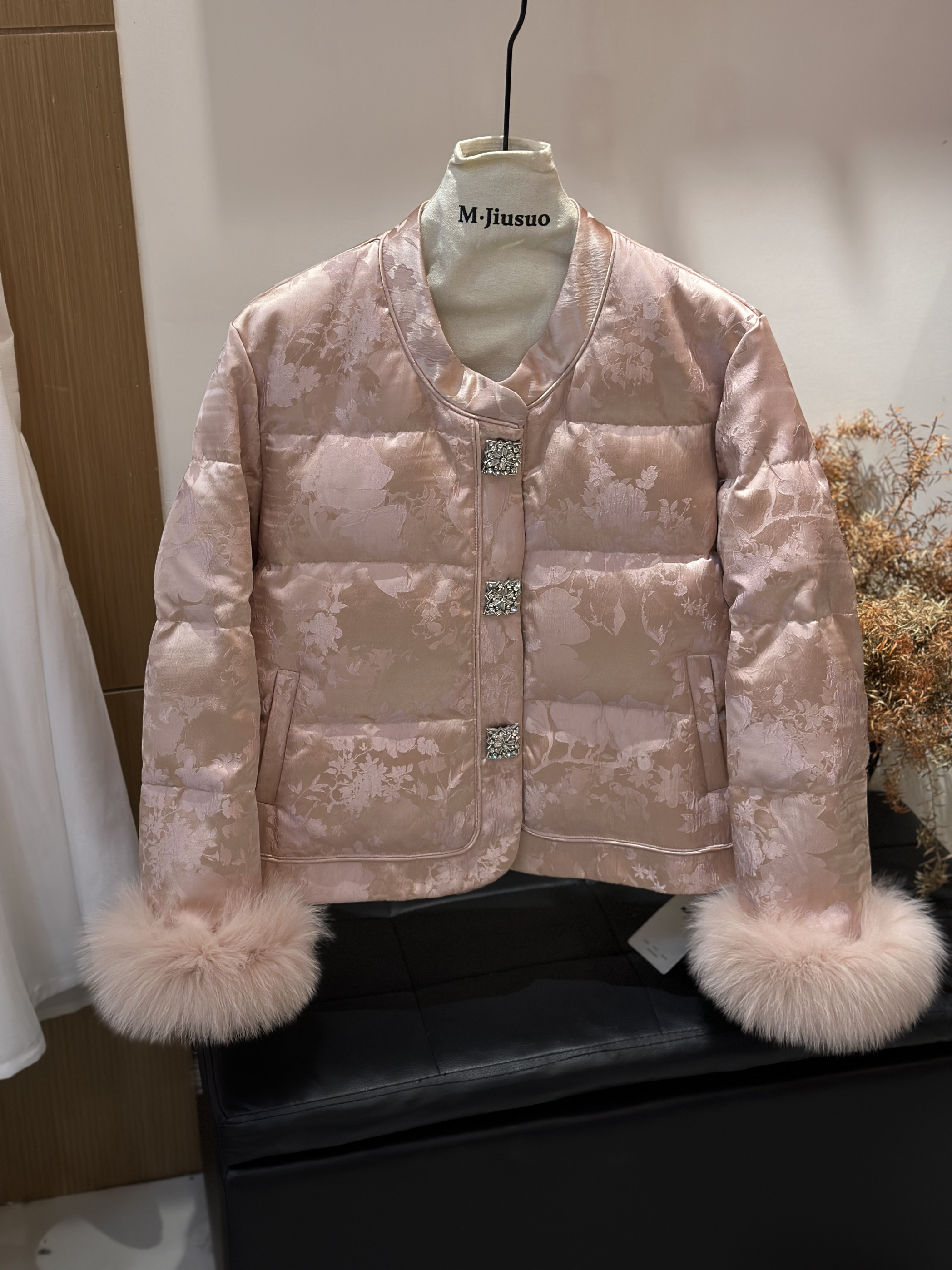 韩版小个子狐狸毛拼接提花羽绒服