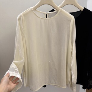 新中式侧边开叉丝绒长袖衬衫女2025秋季宽松刺绣高级感洋气打底衫