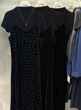 法式黑色波点吊带连衣裙两件套女2025秋季新款遮肉叠穿高级感长裙