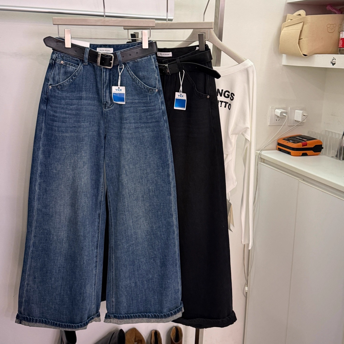 韩版蓝色卷边直筒牛仔长裤女