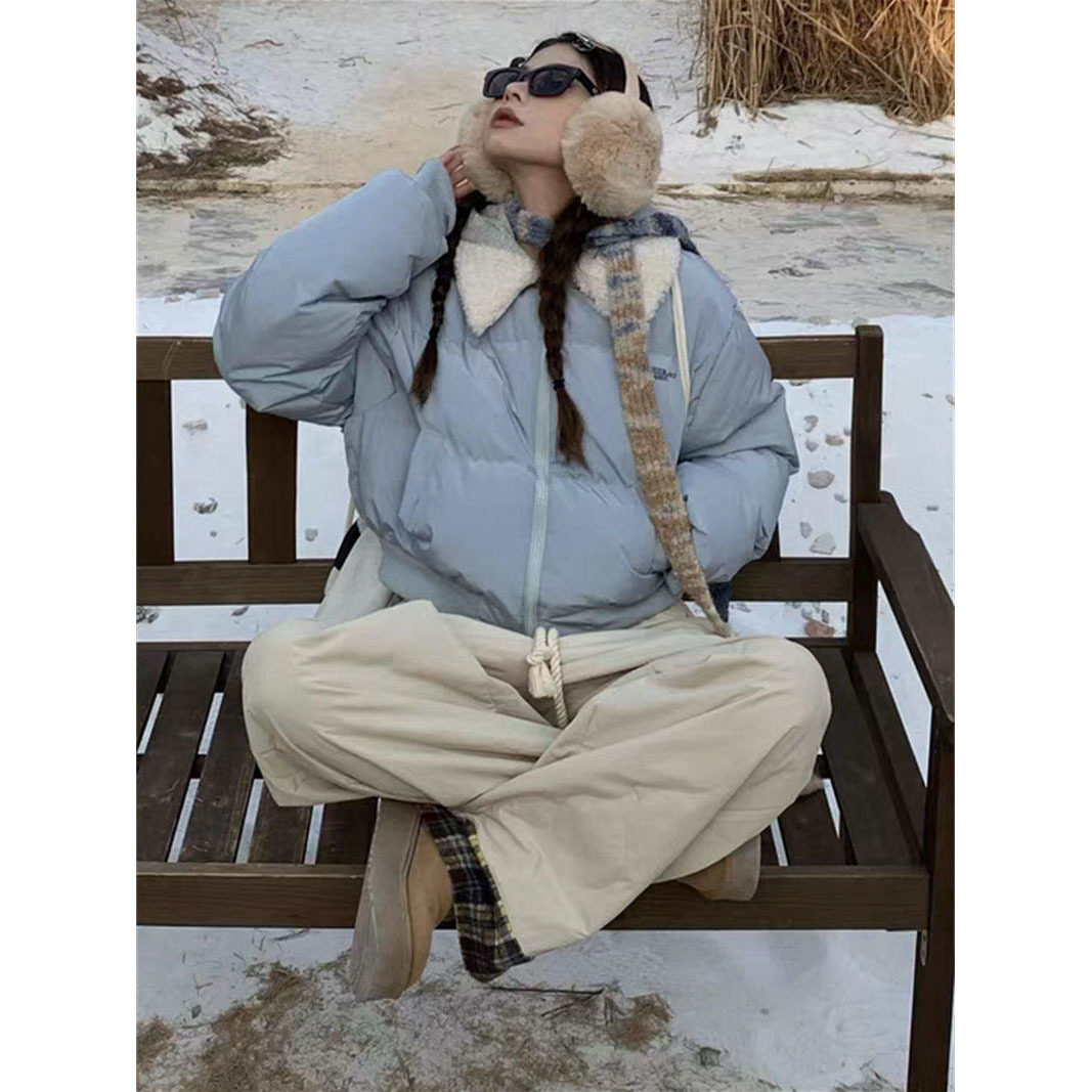 美式慵懒风羊羔毛领短款保暖棉服女冬季新款潮流加厚棉袄潮