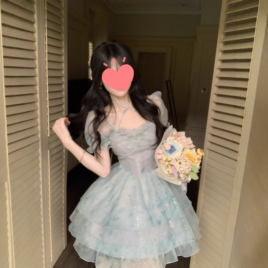 法式超仙网纱拼接吊带连衣裙女生夏季新款减龄显瘦系带裙子