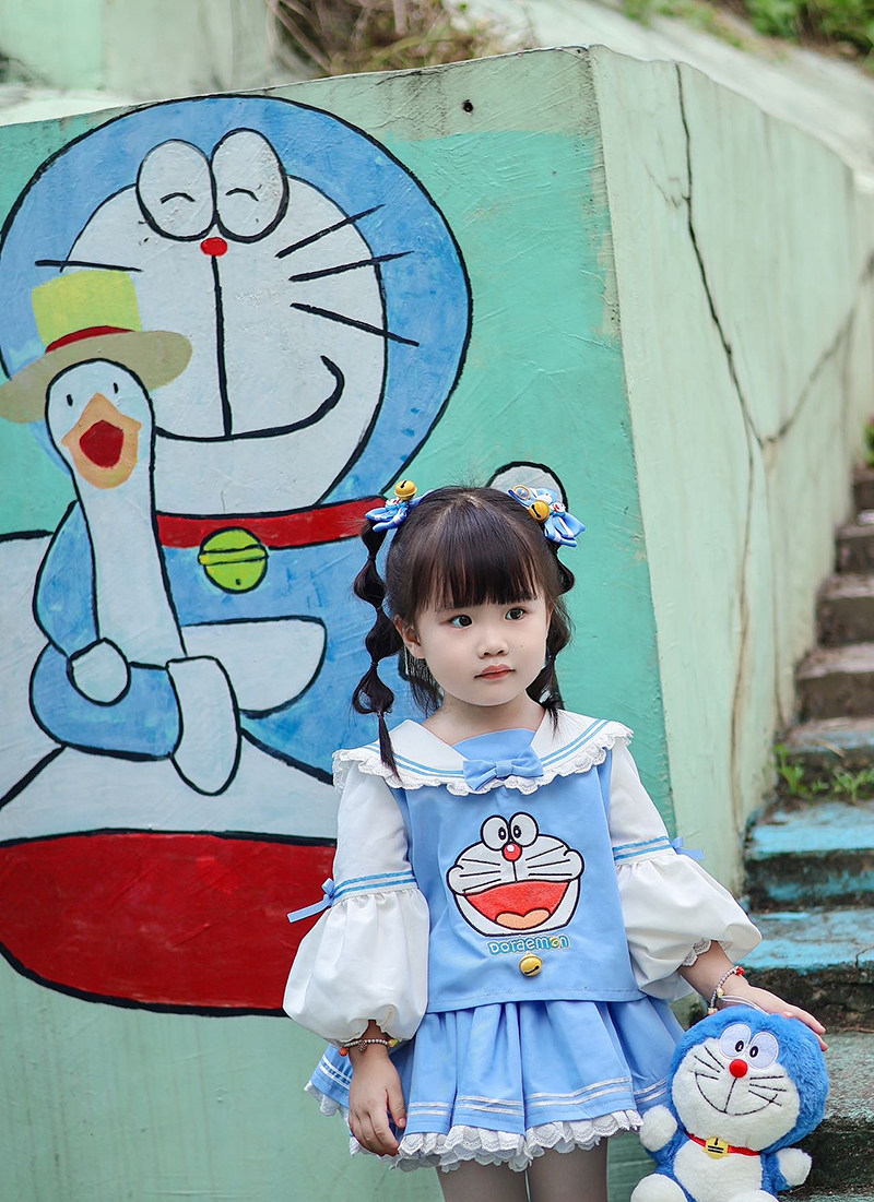 秋装女童日系jk套装蓝色叮当猫幼儿园卡通常服长袖半身裙两件套萌