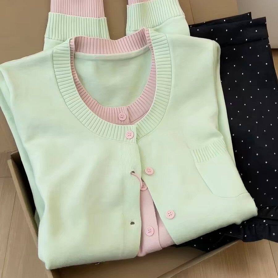 韩式糖果色甜美少女风撞色假两件针织开衫女春季新款温柔显白毛衣