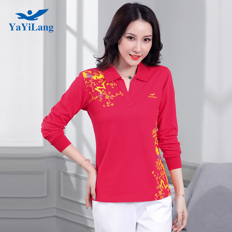秋冬纯棉长袖t恤女士广场舞运动服 大码红色中年妈妈高贵翻领上衣