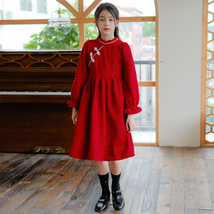 女童连衣裙秋冬加厚高级感旗袍洋气公主风时髦中大童小香风公主裙