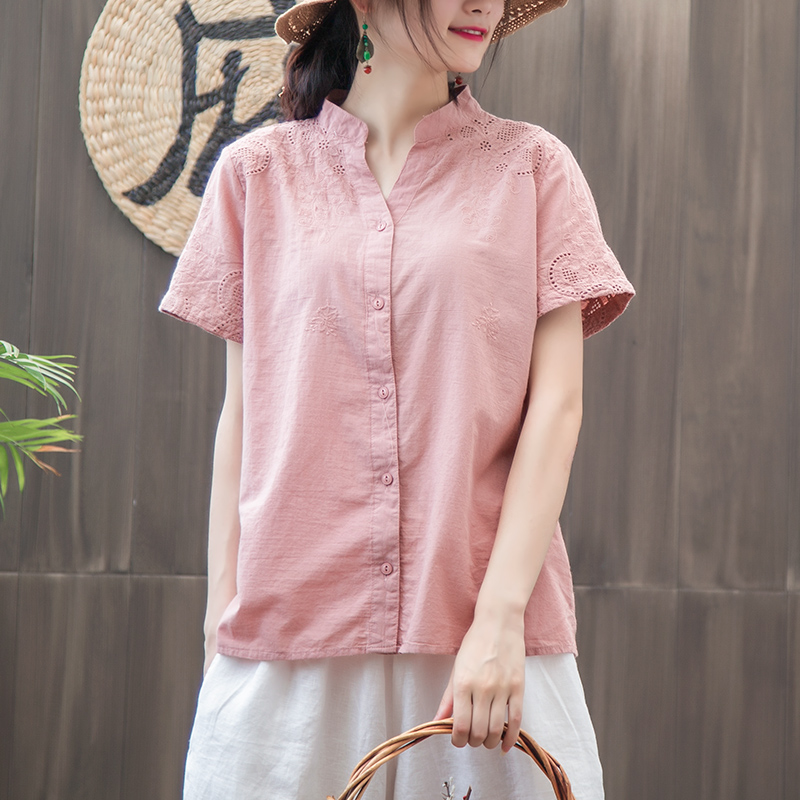 陋室町 2018夏季新款文藝棉短袖繡花襯衫單排扣上衣女立領襯衣女