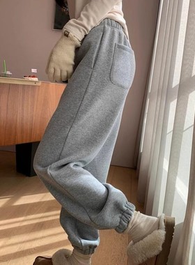 美式灰色运动裤女秋冬一体绒加厚超软休闲裤加绒保暖宽松束脚卫裤