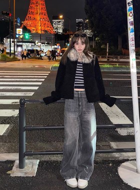 设计感黑灰色牛仔裤女秋冬加厚手抓绒美式复古直筒宽松显瘦阔腿裤