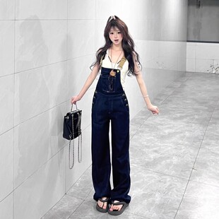 女小个子连体裤 显瘦收腰减龄直筒阔腿裤 夏 女韩版 深蓝色牛仔背带裤