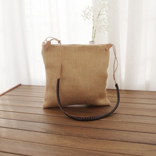 素凡手工粗黄麻斜跨包原创牛皮肩带手缝线迹原创自制小众布包