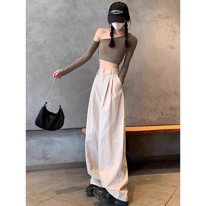 卡其色美式工装裤子女款春秋季2025年新款高腰宽松休闲运动阔腿裤