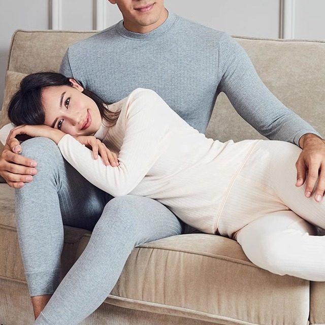 三枪内衣女秋冬半高领100%纯棉薄款男秋衣秋裤抽条全棉打底衫套装